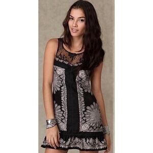 FREE People Linen Blend Black Taupe Embroidered Peacock Mini Boho Dress Sz 12